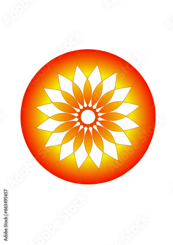 rot-gelbe rosette mit 16 strahlen als blütenmotiv, stilisierte sonne oder stern, abstraktes modernes design