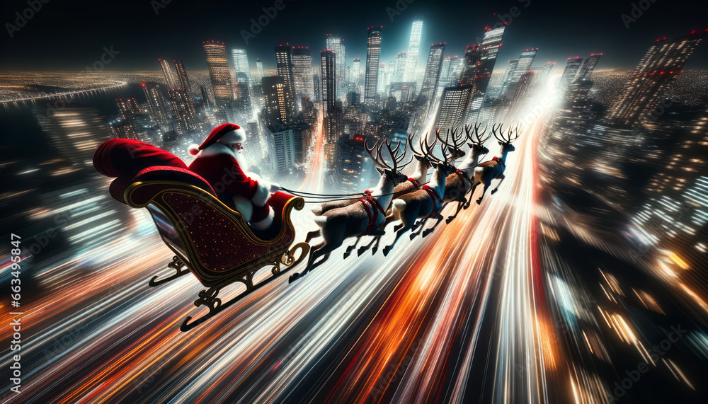 Santa Claus is delivering kids presents on reindeers, sleigh fly over the night illuminated city. Christmas preparation process. Ai generative - obrazy, fototapety, plakaty 