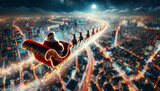 Santa Claus is delivering kids presents on reindeers, sleigh fly over the night illuminated city. Christmas preparation process. Ai generative