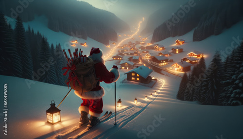 Santa Claus is delivering kids presents on ski. Christmas preparation process. . Ai generative photo