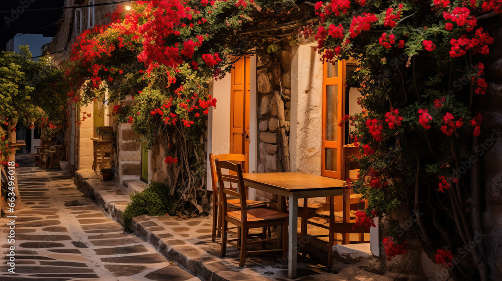 Wooden table and chairs of a cafe in the village created with Generative AI technology