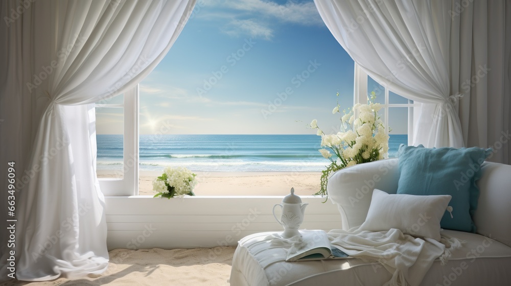  a white couch sitting in front of a window with a view of the ocean.  generative ai