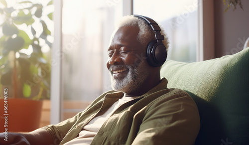 Mature black man in headphones listening to music by the window