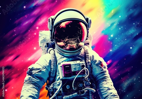 Close-up of an astronaut in a spacesuit in outer space. Space fantasy image. An exploration of the science fiction universe. Concept of the future. Design for cover  card  interior design  print  etc.