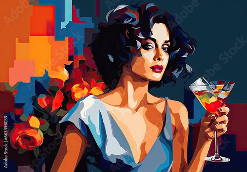 Digital painting in bright pop art style featuring a portrait of a cute girl with a glass of cocktail. Illustration for cover  card  interior design  banner  poster  brochure  advertising  marketing.