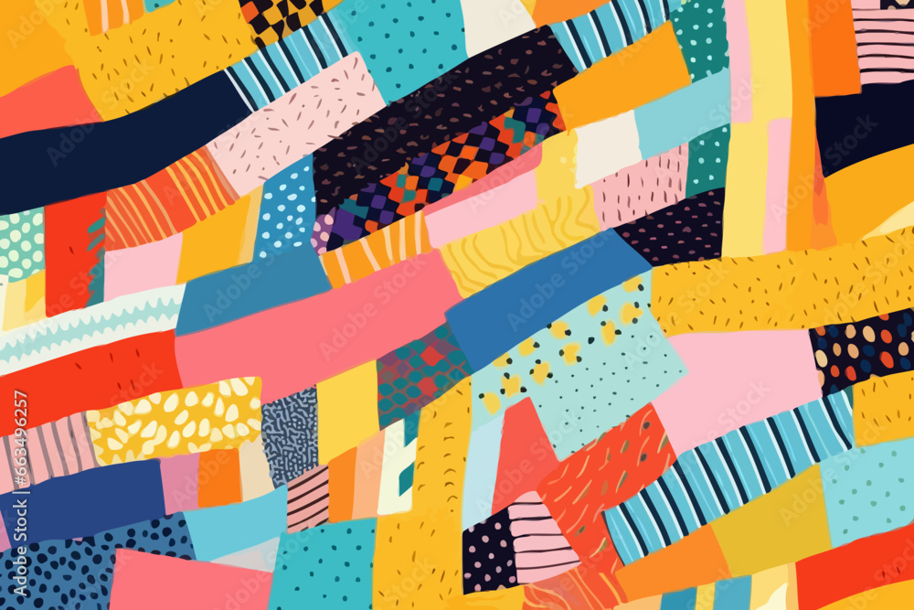 Quilt patchwork designs quirky doodle pattern, wallpaper, background, cartoon, vector, whimsical Illustration