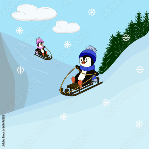 Two penguins sledging down the mountains in winter