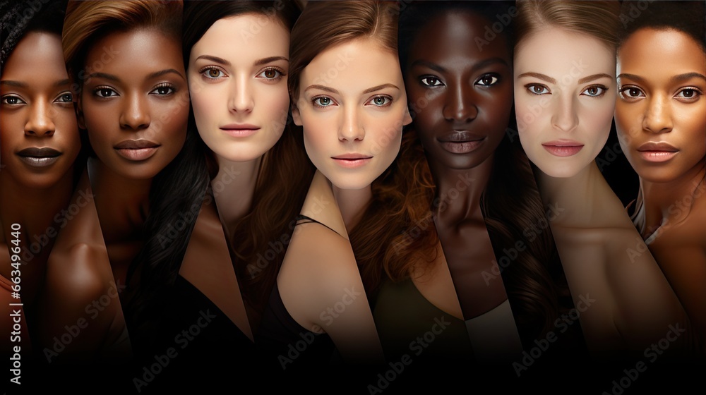 A collage of portraits of ethnically diverse beautiful young women looking at the camera. Multi-ethnic diversity and beauty. International community. Illustration for cover, card, interior design, etc A collage of portraits of ethnically diverse beautiful young women looking at the camera. Multi-ethnic diversity and beauty. International community. Illustration for cover, card, interior design, etc