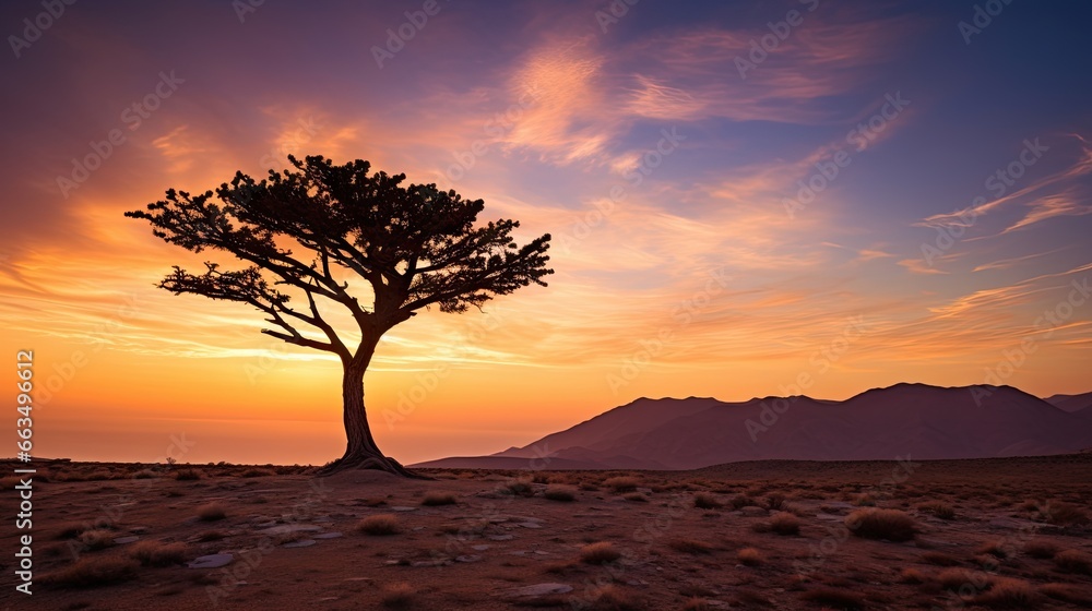  a lone tree in the middle of a desert at sunset.  generative ai