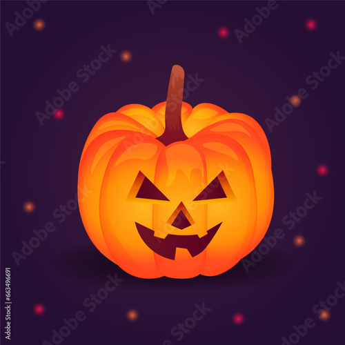 Halloween pumpkin with scary face on dark background. Vector cartoon illustration.