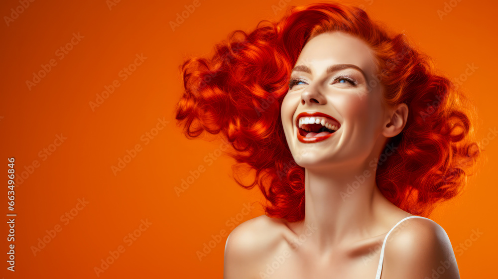 Portrait of beautiful young woman with red hair on orange background.