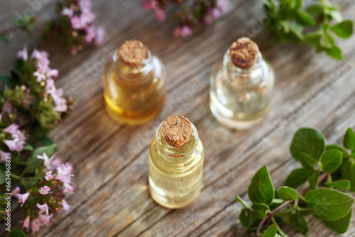 Bottles of aromatherapy essential oil with fresh blooming oregano plant