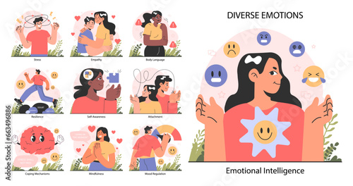 Emotional intelligence set. Emotions awareness and self-control skill