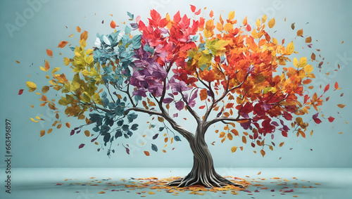 Fototapeta Naklejka Na Ścianę i Meble -  Colorful tree with leaves on hanging branches illustration background. 3d abstract wallpaper . Floral tree with multicolor leaves