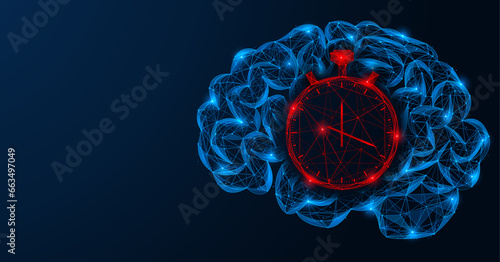 Speed of thinking, a stopwatch in the brain. Polygonal design of interconnected lines and points. Blue background.
