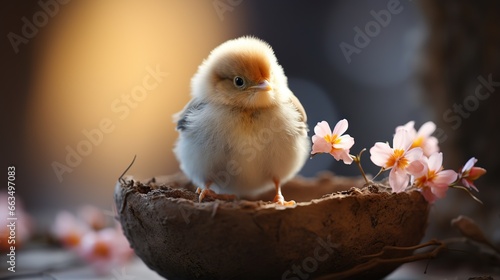  a small bird sitting on top of a wooden bowl filled with flowers.  generative ai © Anna