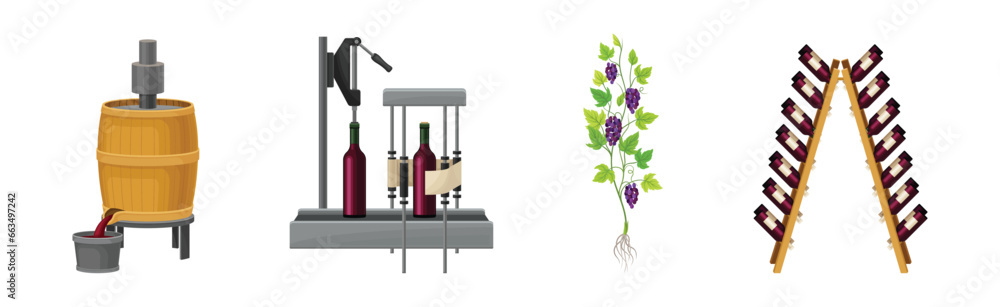 Fototapeta premium Grape Wine Production with Alcoholic Fermentation Process Vector Set
