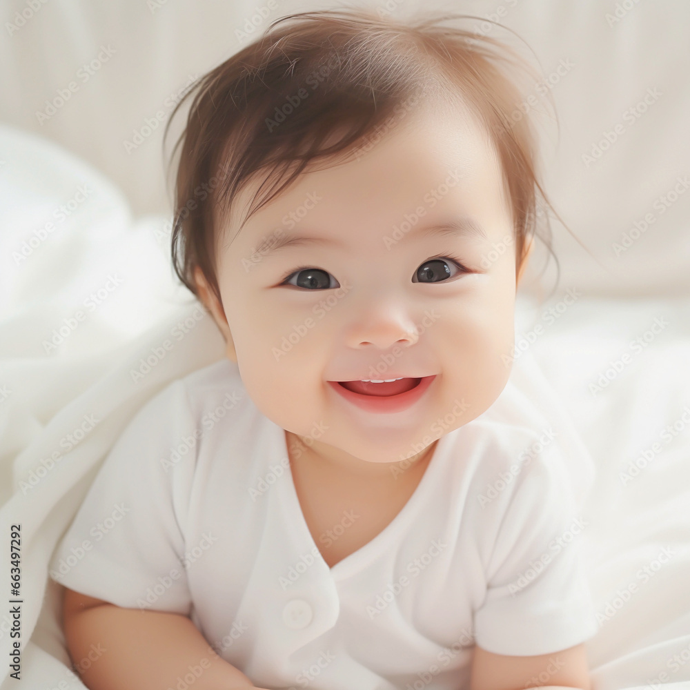 In the morning's soft natural light, a happy, cherubic baby's radiant smile expresses pure, innocent delight, creating a heartwarming and intimate moment of pure happiness.