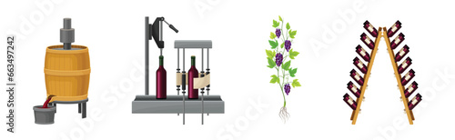 Grape Wine Production with Alcoholic Fermentation Process Vector Set
