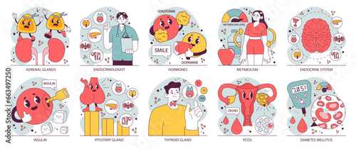 Endocrine system organs and disease set. Human glands function. Pituitary