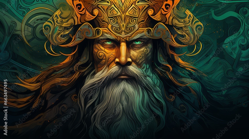 Odin - The nordic god of wisdom in gold and green - obrazy, fototapety, plakaty 