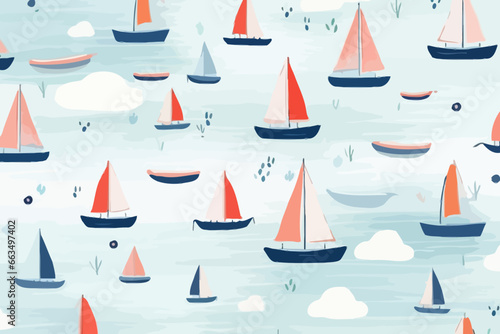 Boats sailing in the distance quirky doodle pattern, wallpaper, background, cartoon, vector, whimsical Illustration