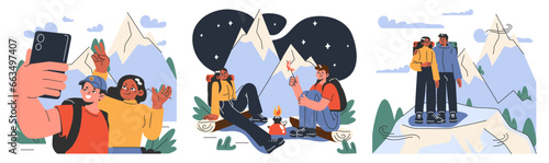 Mountaineering set. Mountain climbers with backpacks during nature
