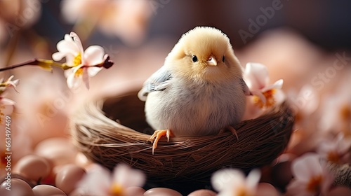  a small bird is sitting in a nest with pink flowers.  generative ai © Anna