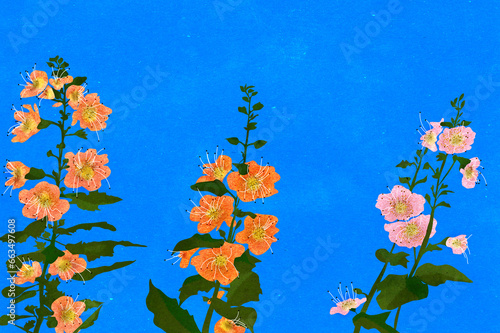 Fototapeta Naklejka Na Ścianę i Meble -  Ilustracja kwiaty kolorowa malwa na niebieskim tle