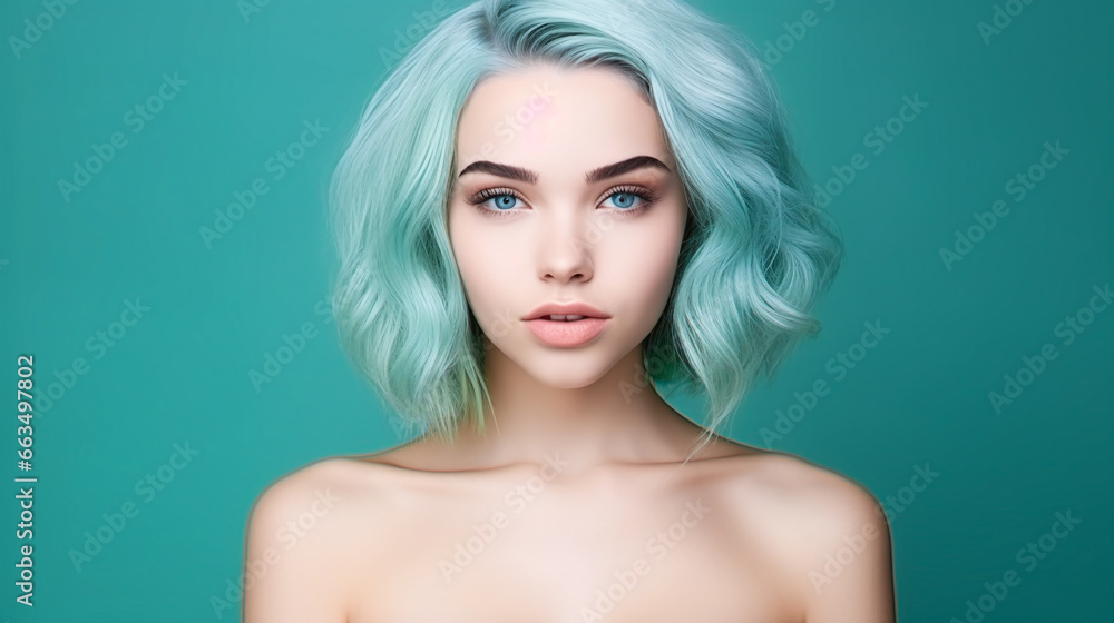 portrait of a cool female model with bleached, blue and green colored hair against blue background