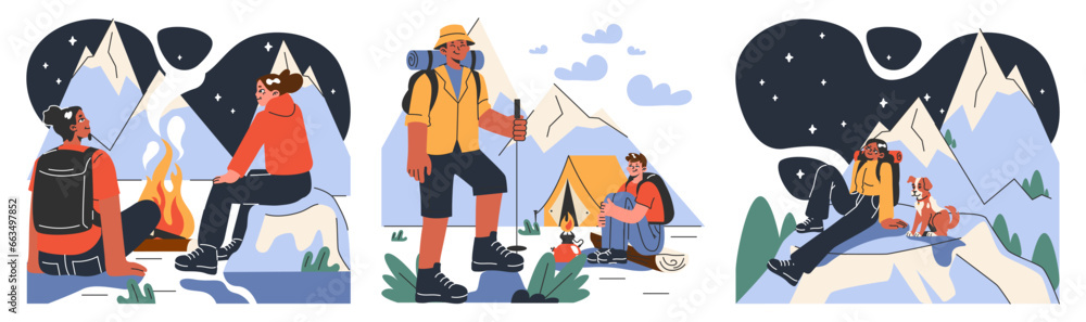 Mountaineering set. Mountain climbers with backpacks during nature Mountaineering set. Mountain climbers with backpacks during nature