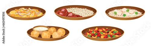 Brazilian Cuisine Dishes and Food Served on Plate Vector Set