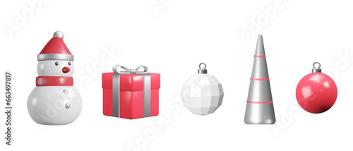 Set of 3d Christmas decoration. Snowman, gift box, balls and tree. White Snowman in red hat and new year elements. Vector icons for Christmas, New year, winter banners isolated on white background.