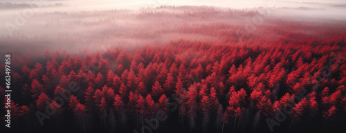 Aerial shot of amazing surreal red forest on a foggy morning