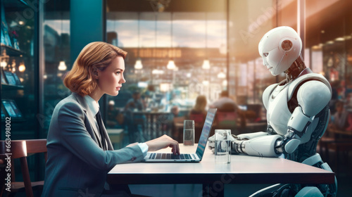 businesswoman and humanoid robot sitting in a cafe working collaborating photo
