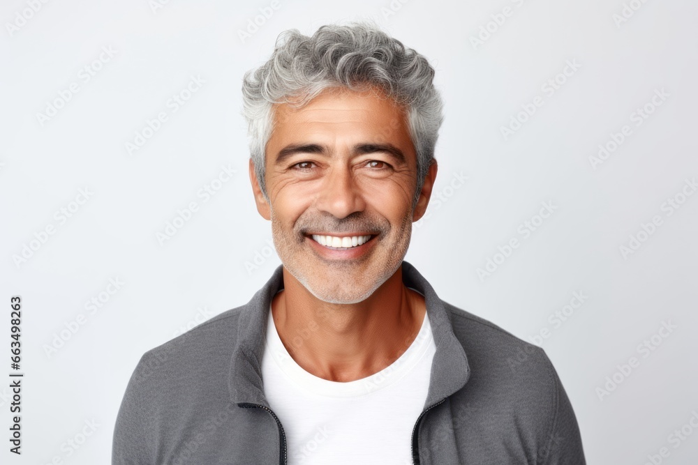 Portrait of happy mature man looking at camera and smiling while standing against grey background Portrait of happy mature man looking at camera and smiling while standing against grey background