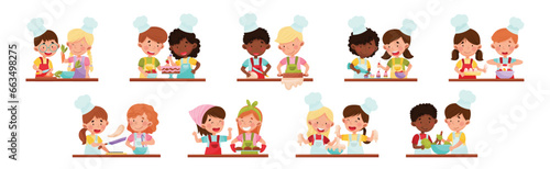 Cooking Children Chef in Toque Engaged in Food Preparation Vector Set