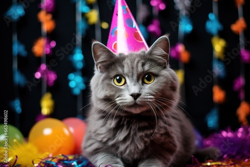 Cute gray cat wearing party hat and looking at camera