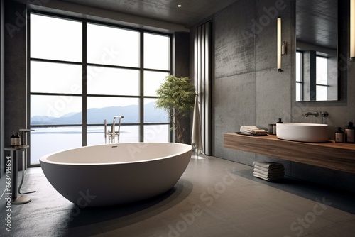 Sleek bathroom featuring a modern grey design with bathtub and sink. Generative AI