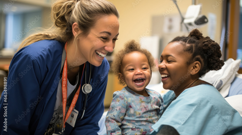 A pediatrician doctor woman dedicating her life treating and caring of young children in her hospital workplace Generative AI Illustration A pediatrician doctor woman dedicating her life treating and caring of young children in her hospital workplace Generative AI Illustration