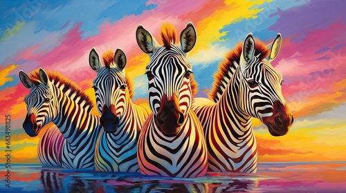  a painting of three zebras standing in the water at sunset.  generative ai