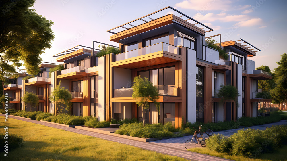 Modern eco-friendly multifamily homes with photovoltaic cells. generativ