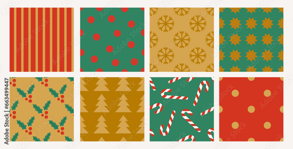 Set of winter holidays seamless patterns. Merry Christmas and Happy New Year. Simple geometric backgrounds with snowflakes, Christmas tree, confetti, candy. Red, golden and golden colors.