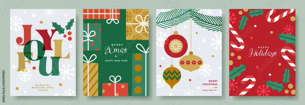Merry Christmas and Happy New Year set of greeting cards. Modern Xmas design with typography,  Christmas tree and balls, gifts, holly, candys. Vector templates banner, poster, holiday cover. - obrazy, fototapety, plakaty 