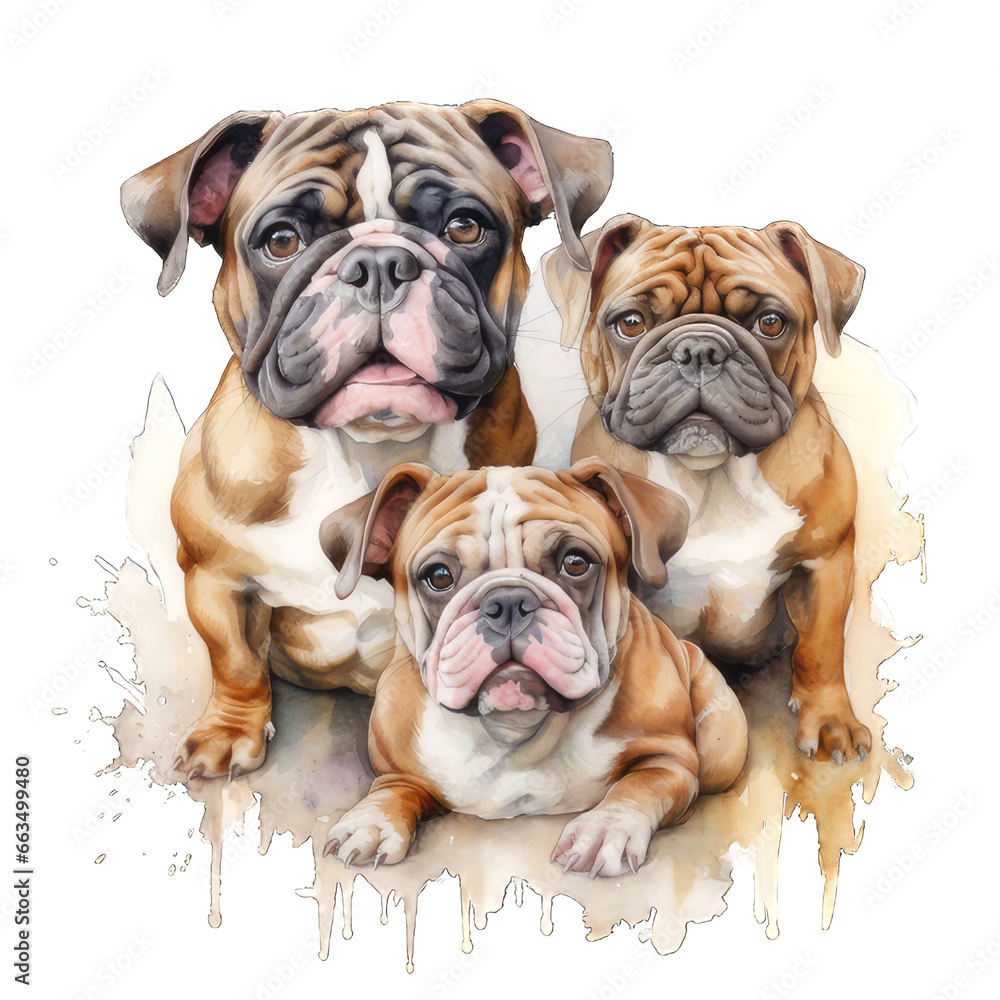 Fototapeta premium Three Cute Bulldog Dog Watercolor Png Graphic