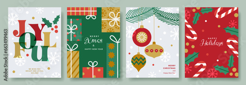 Merry Christmas and Happy New Year set of greeting cards. Modern Xmas design with typography,  Christmas tree and balls, gifts, holly, candys. Vector templates banner, poster, holiday cover.