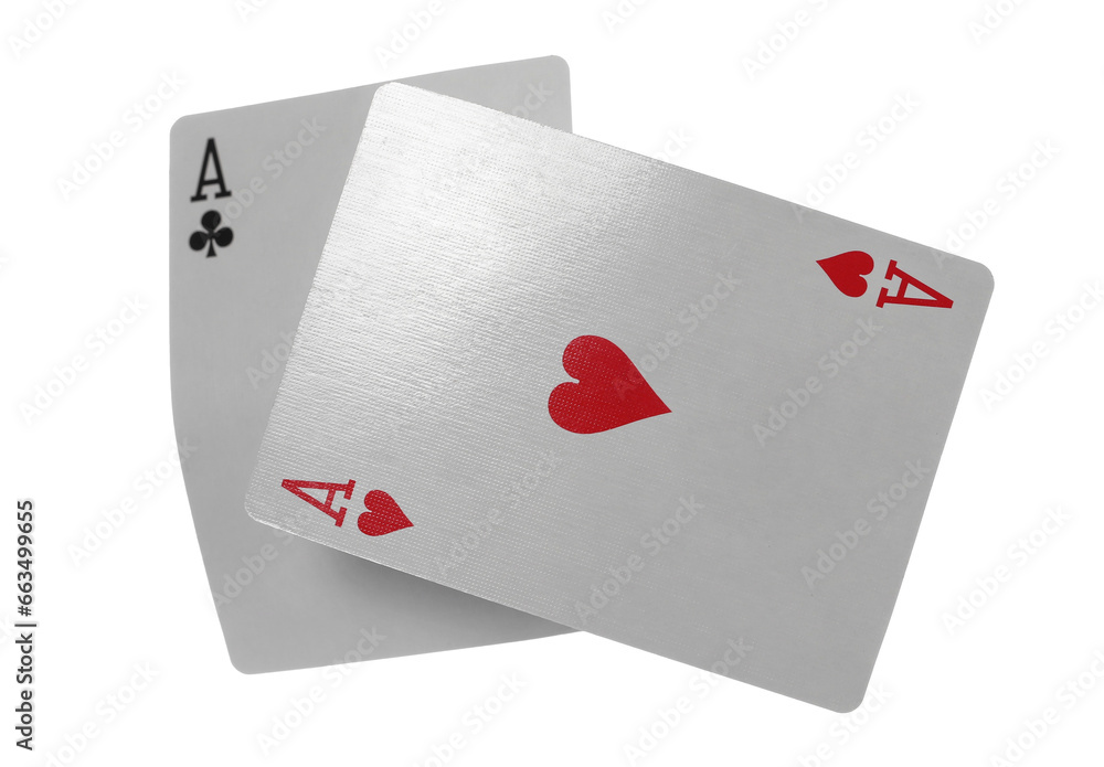 Obraz premium Flying playing card for poker and gambling, two aces isolated on white, clipping path 