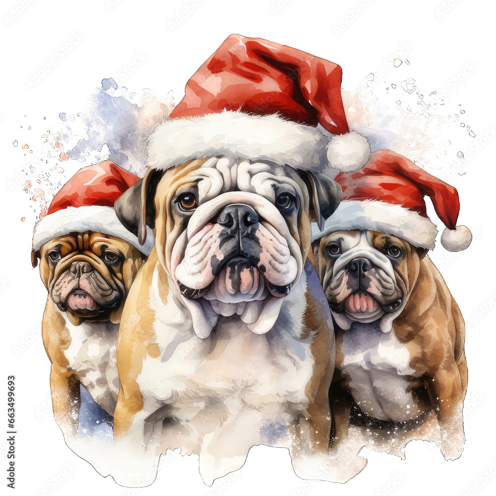 Three Cute Christmas Bulldog Dog Wearing Santa Hat Transparent Watercolor Png Graphic