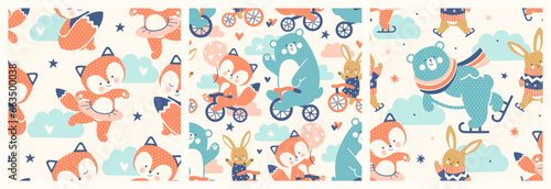 Collection of nursery seamless patterns. Set of tile backgrounds with cute animals. Funny baby animals. Hand drawn printable backgrounds, wrapping paper, fabric, kids bedroom wallpaper, backdrops.