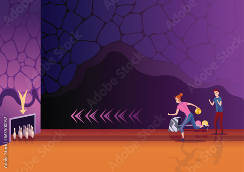 People playing in bowling club side view. Woman and man playing bowling in hall with alley. Girls enjoy of game. Players entertainment activity. Friends on rest. Vector illustration background